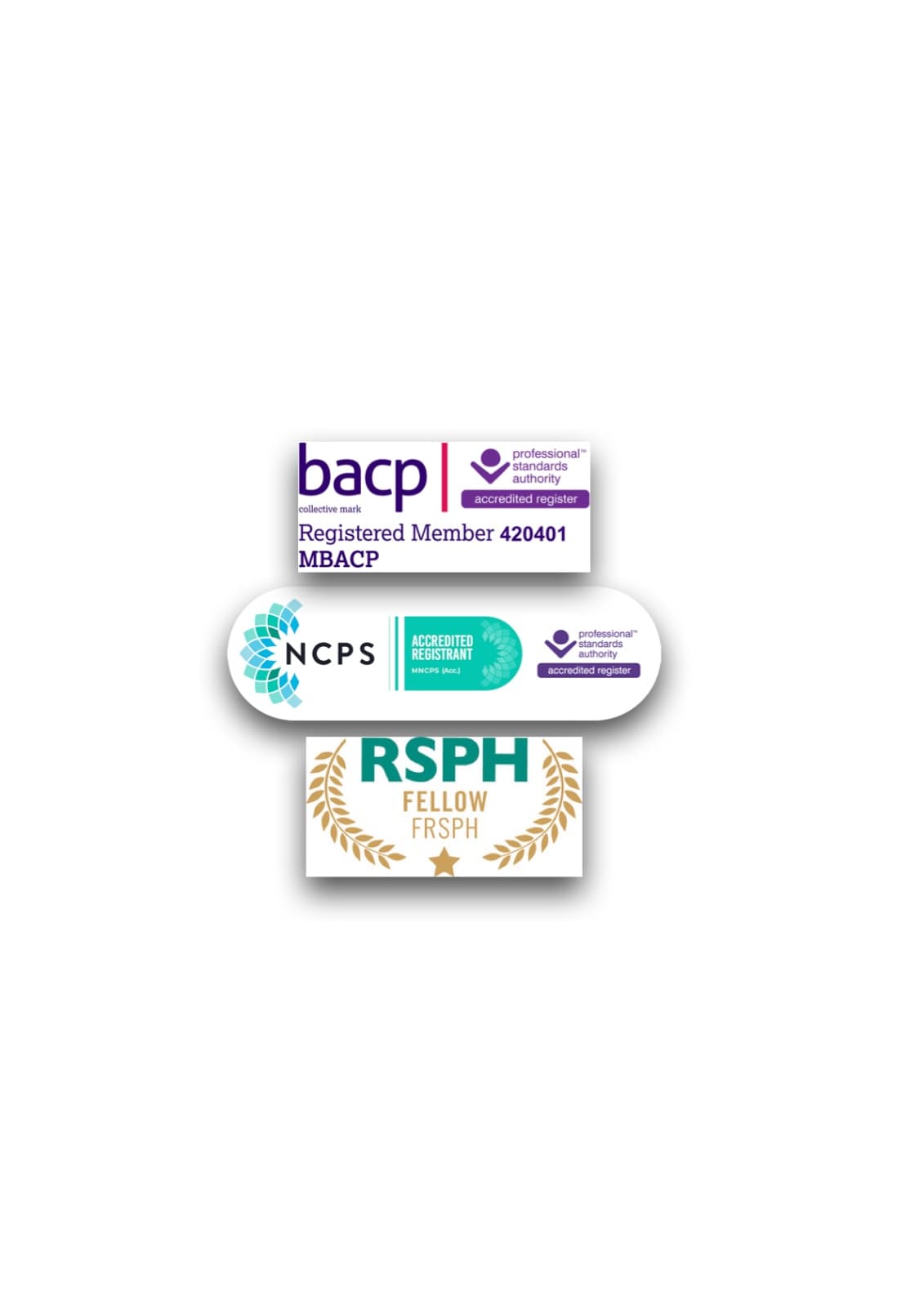 BACP registered member, NCPS accredited registrant, and RSPH Fellow accreditation badges