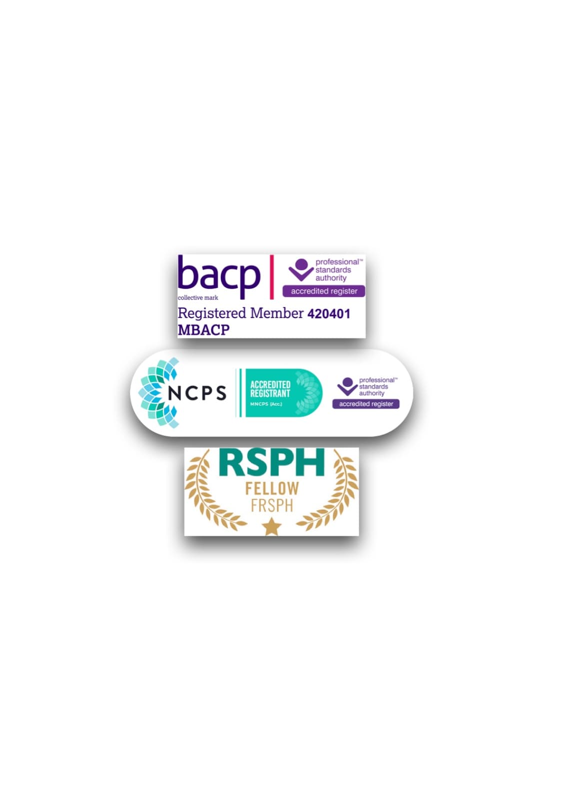 BACP registered member, NCPS accredited registrant, and RSPH Fellow accreditation badges